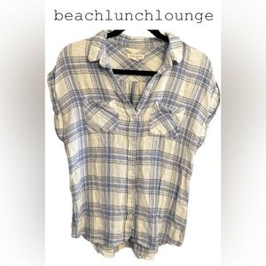 🌞Beach Lunch Lounge Blue & White Plaid Short Sleeve Shirt - size S/P